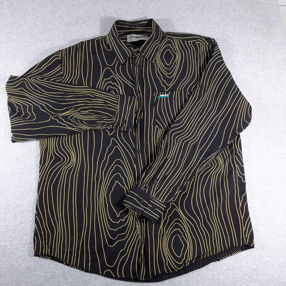 Zara Rhuigi Mens Black Yellow Topographic Print Cotton Button Down Shirt M